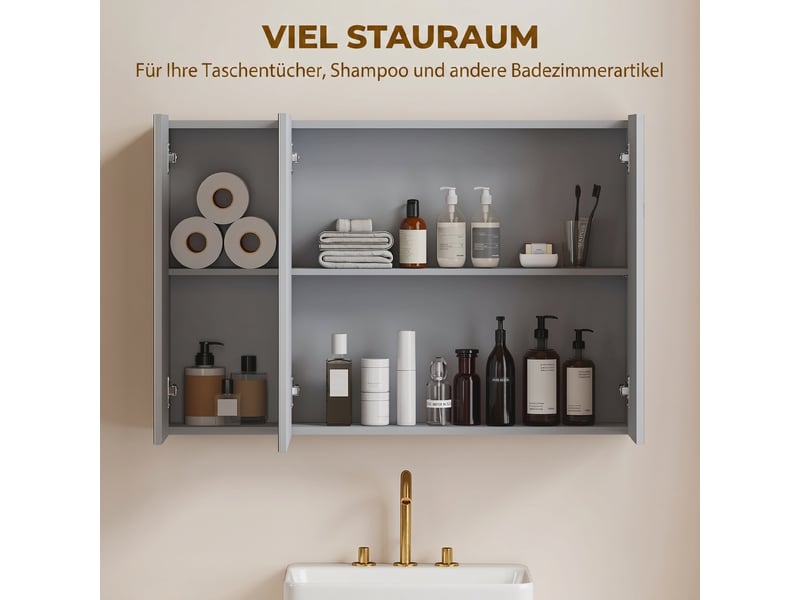  Armoire de toilette avec 3 portes miroir en mdf gris 90x15x60 cm  - Conforama E