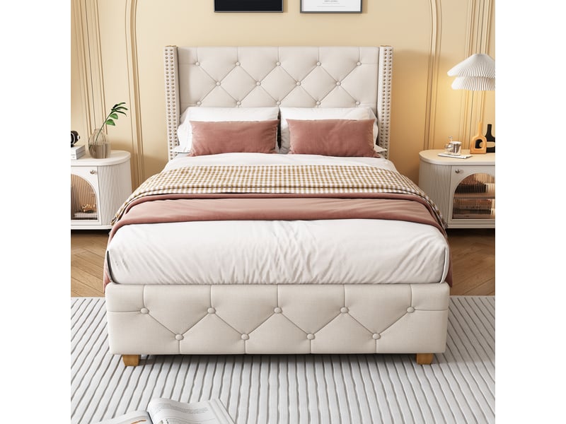  Lit simple 90x200 cm - lit simple avec sommier à lattes et tête de lit boutons - lin - sans matelas - beige  - Conforama C