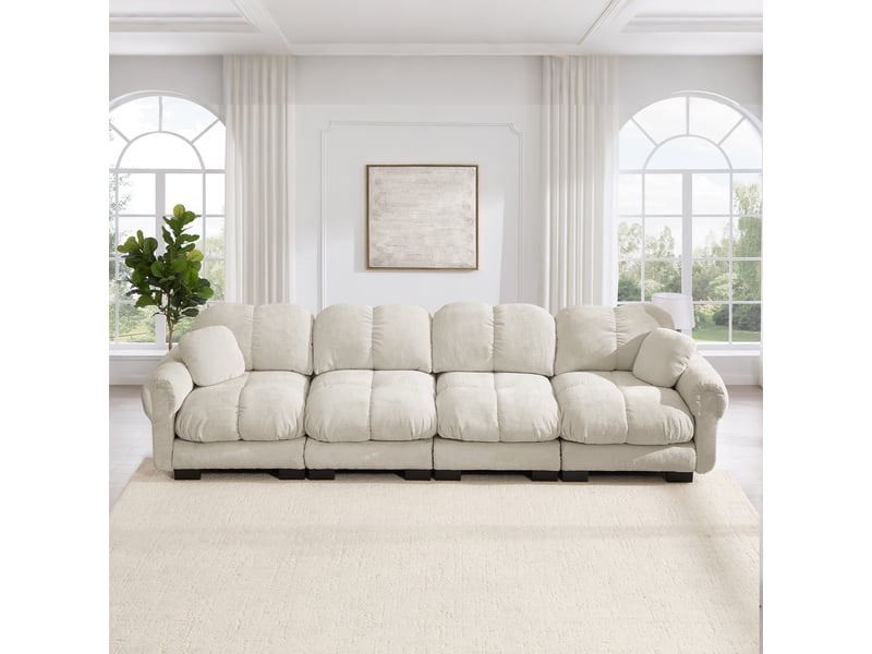 Canapé modulaire 4 places à coussins matelassés - lpospi - dossier ergonomique en chenille kaki clair 330 × 86 × 90 cm - Conforama C