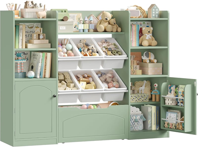  Meuble rangement enfant bibliothèque enfant avec 15 étagères 6 boîtes amovibles 1 tiroirs roulants 2 portes rangement jouet 140x33x108.2cm vert  - Conforama A