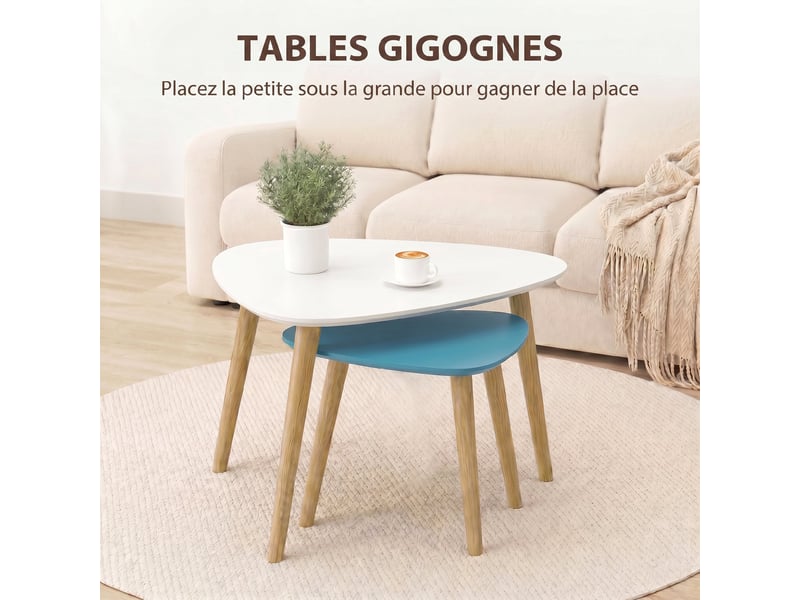  Lot de 2 tables basses gigognes design pieds scandinave en bois et plateau en bois, blanc et bleu  - Conforama D