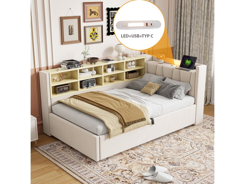  Lit rembourré 90*200 cm, coffre relevable, lampe de chevet, ports usb et type-c, rangements, velours beige  - Conforama E