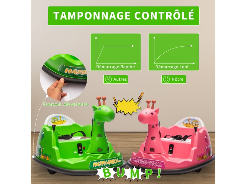  Voiture tamponneur pour enfant 6 v, rotation 360°, led, musique, télécommande, 2-5 ans, charge 30 kg – vert PTG_335XTHYW - Conforama C