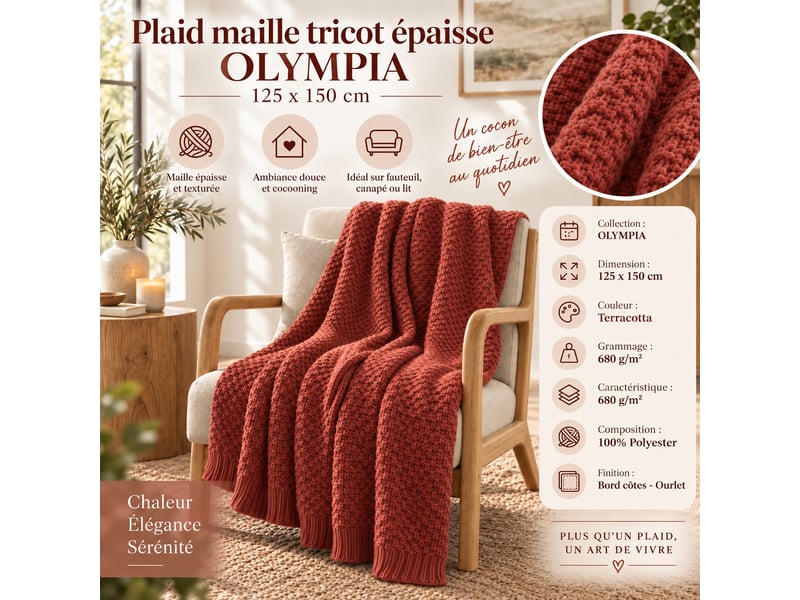  Plaid 125 x 150 cm polyester tricot uni olympia terracotta 15696 - Conforama D