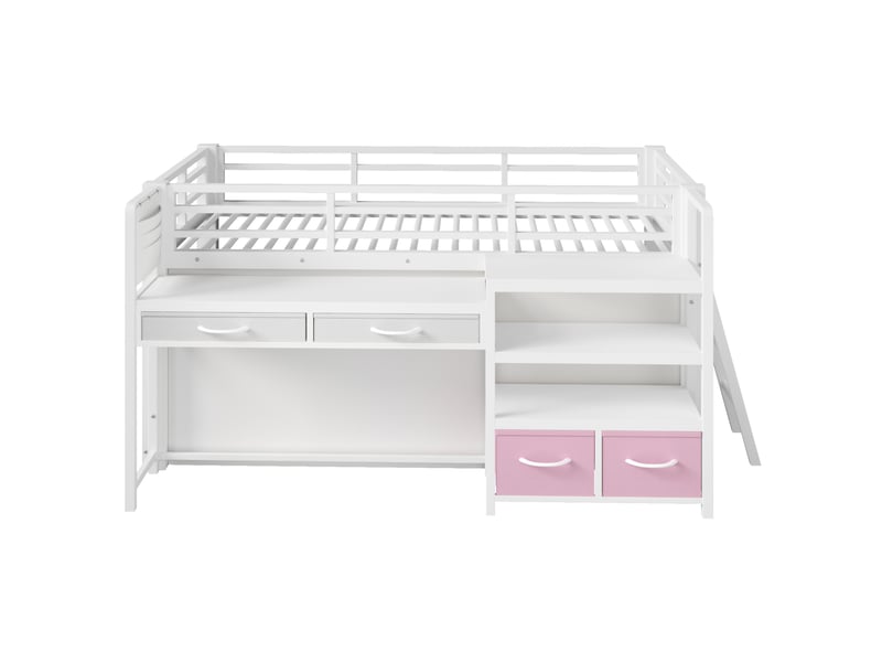  Lit mezzanine enfant 90 x 200 cm blanc en métal et mdf, bureau, rangements, rideau et éclairage led  - Conforama D