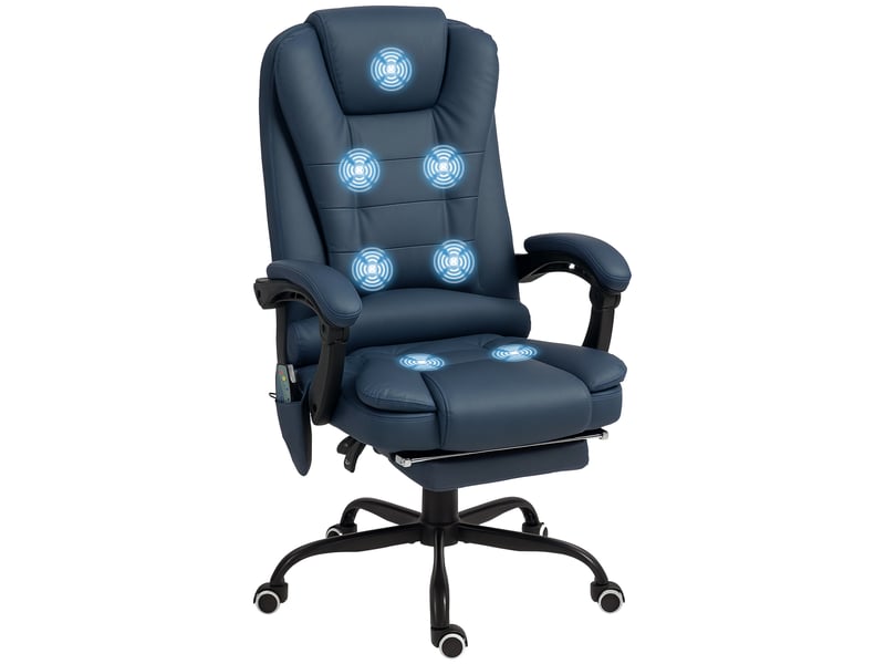  Fauteuil de bureau massant, 7 points de vibration, repose-pieds et dossier réglables, supporte jusqu'à 120 kg, aspect cuir, bleu  - Conforama A