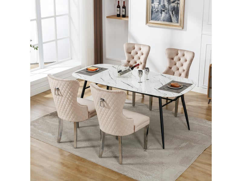  Chaise de salle à manger rembourrée avec dossier à boucle carrée et pieds métalliques en velours beige  - Conforama C
