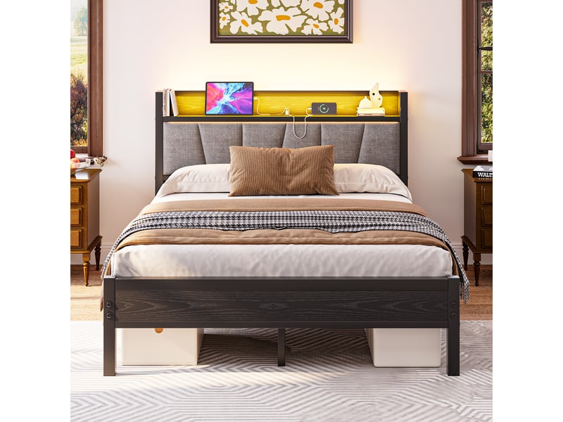  Lit double 140×190 cm en métal et mdf avec led, 2 ports usb, prise et rangement, matelas non précisé, noir  - Conforama B