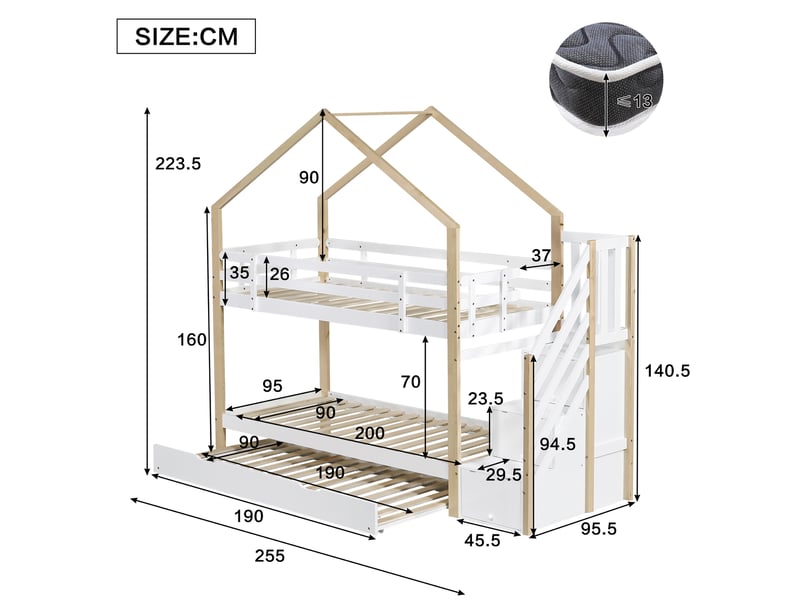  Lit superposé avec lit gigogne 90x20090x190 cm, escalier à tiroirs, blanc et naturel  - Conforama C