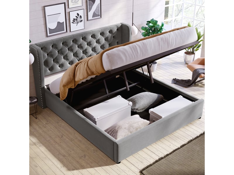 Lit double 140x190 cm velours gris - tête de lit rembourrée, coffre hydraulique et sommier - Conforama B