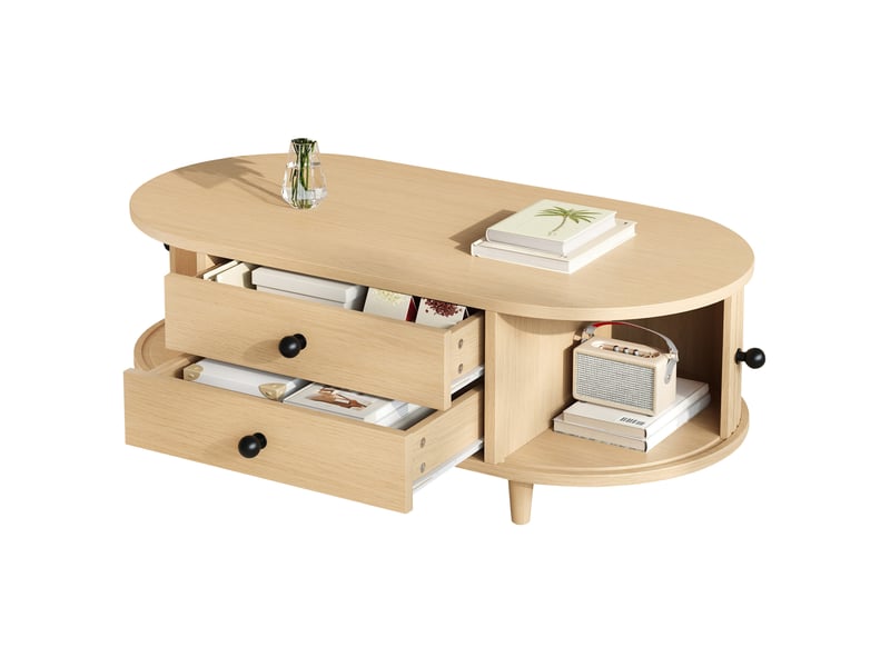  Table basse avec rangement – 2 tiroirs et portes à rideau – mdf effet bois clair – 100 x 50 x 36 cm  - Conforama A