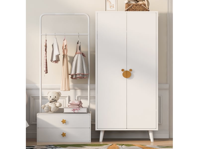  Armoire 2 portes blanche 140 × 55 × 170 cm, rangement avec penderie et 2 tiroirs pour chambre enfant  - Conforama E