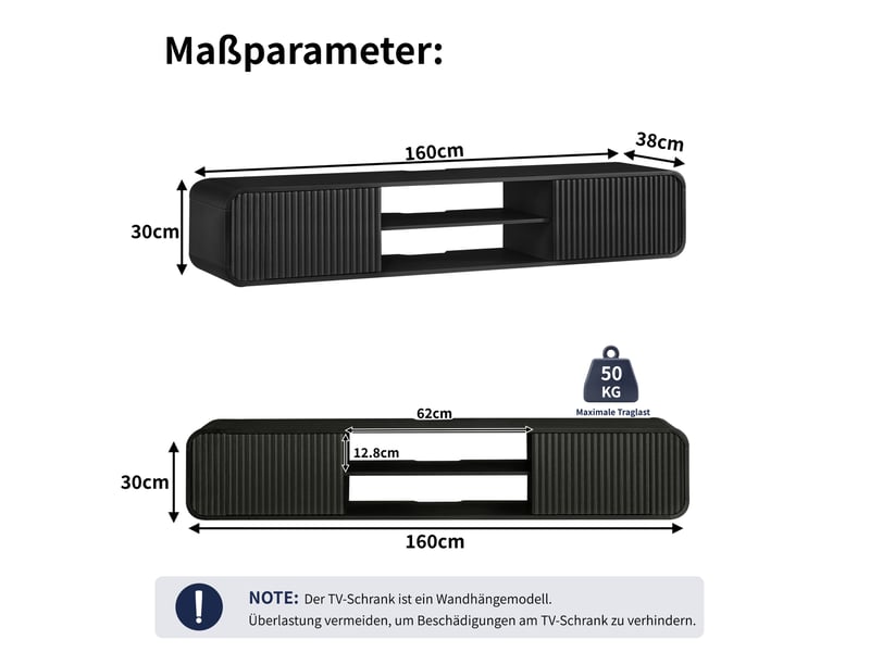  Meuble tv mural 160x38x30 cm avec rangement ouvert et passe-câbles en panneau de particules noir  - Conforama E