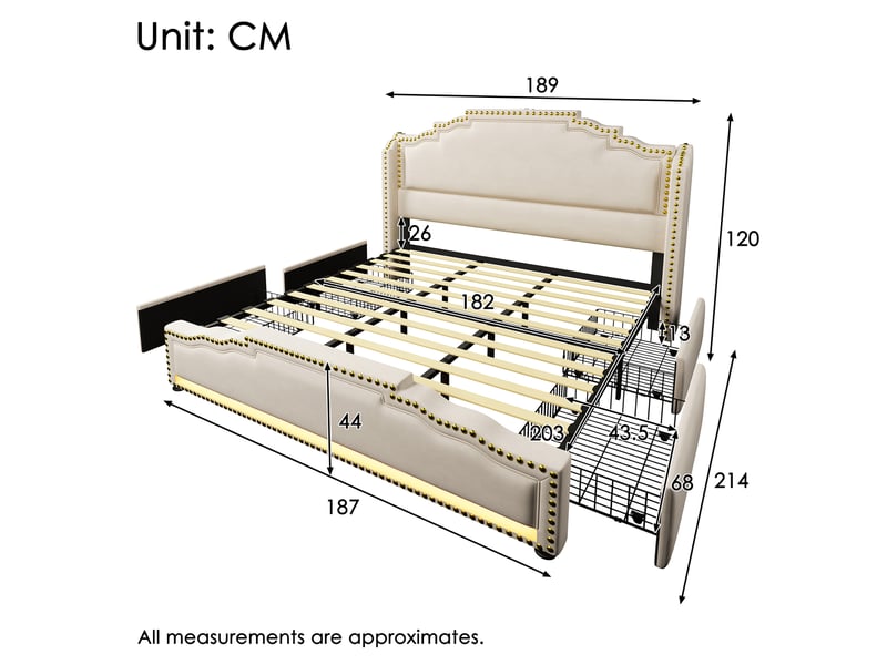  Lit double 180×200 cm avec 4 tiroirs, led réglable et ports usb et type-c - okmyhome- velours beige, sans matelas  - Conforama D
