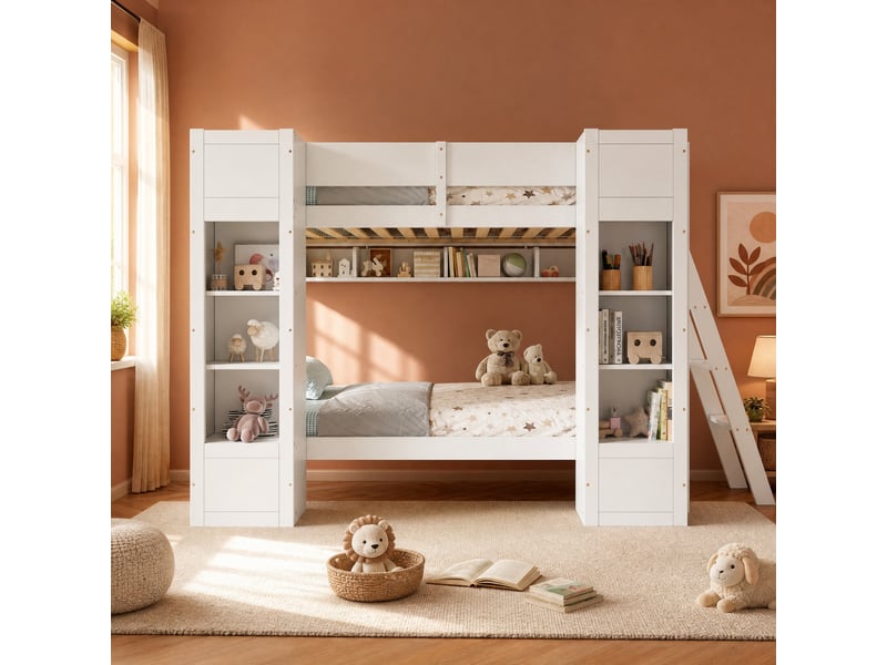  Lit superposé 90x200 cm, avec rangements et échelle réversible, en bois, blanc, sans matelas  - Conforama B