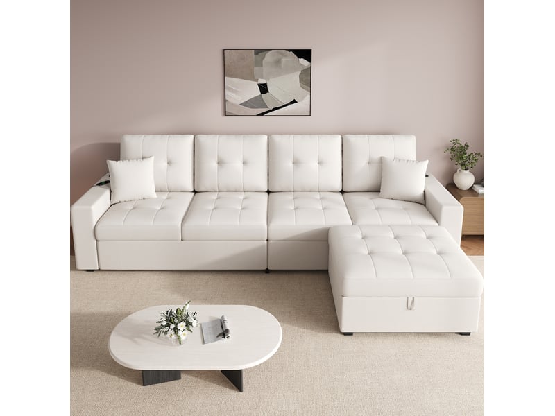  Canapé d'angle modulable modenvie 4 places avec pouf coffre mobile, rangements, éclairage led, ports usb et type-c, tissu beige  - Conforama D