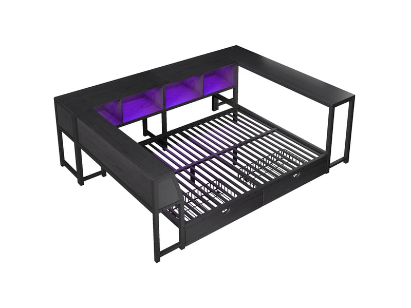  Lit en métal 140x200 avec tête de lit de rangement, éclairage led, bureau et tiroirs, lit multifonctionnel  - Conforama E