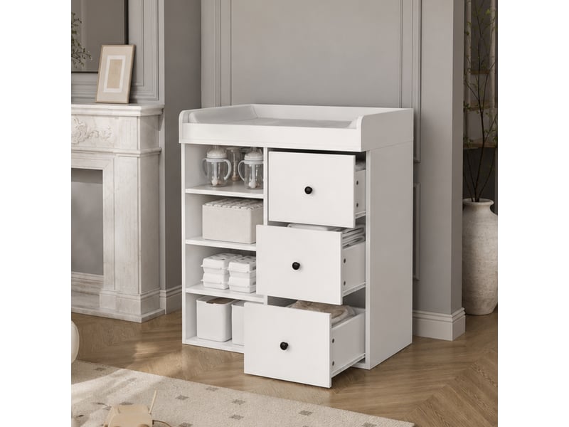  Commode à langer blanche 82 x 50 x 100 cm en mdf, poignées noires, barrière amovible, tiroirs et niches  - Conforama B