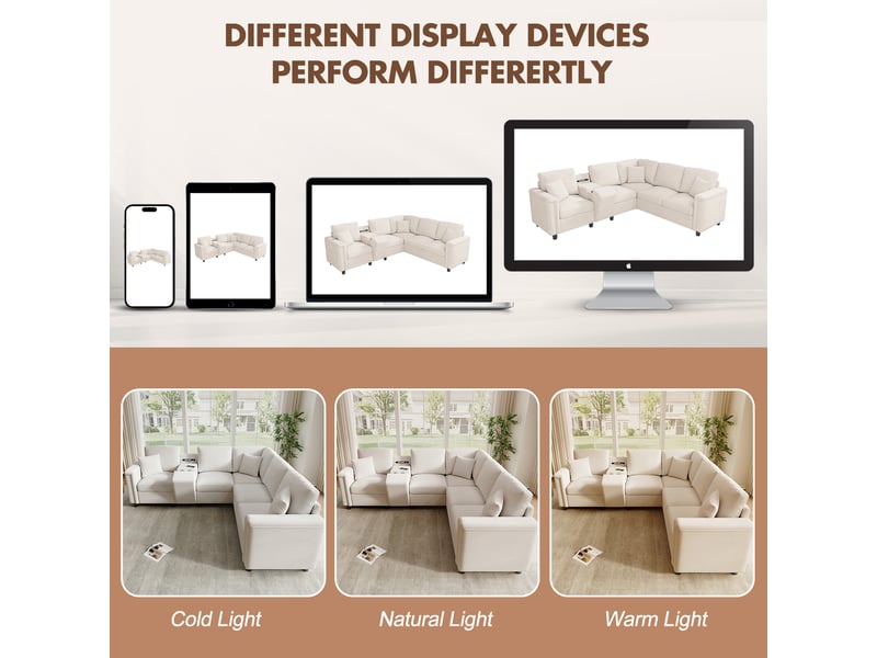  Canapé d'angle 5 places avec rangement, porte-gobelets, usb, usb-c et liseuse, en chenille beige, 235 × 208 × 83 cm  - Conforama E