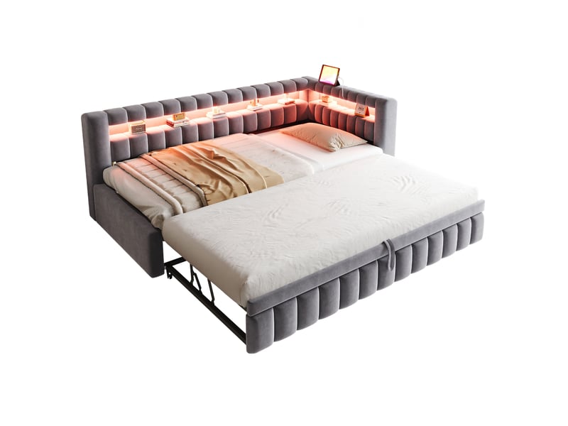 Lit gigogne banquette 90x200 cm en velours avec led, ports usb et type-c, tête de lit et dossier avec rangements, gris foncé - Conforama A
