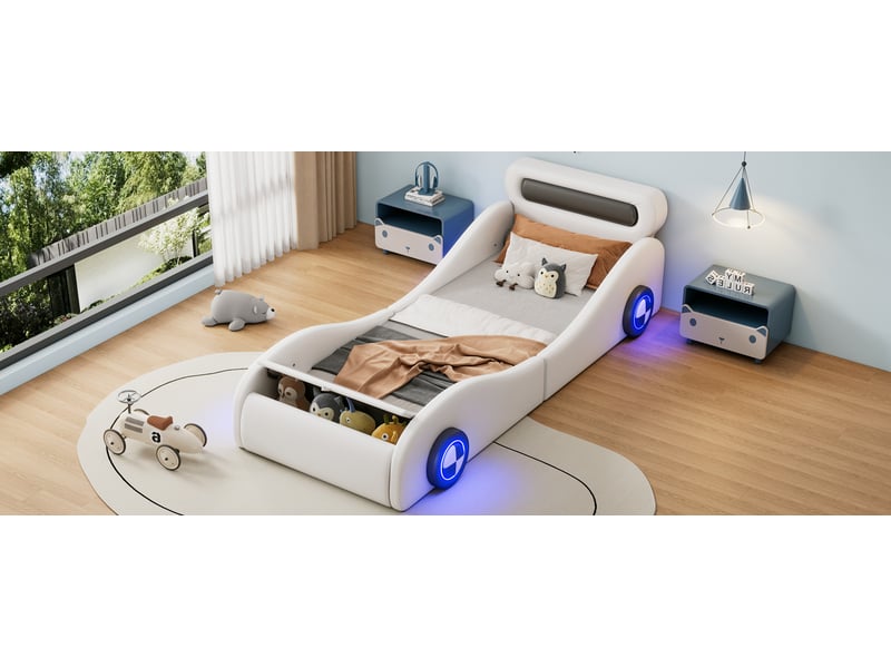  Lit enfant 90x200 cm design voiture blanc pu avec roues lumineuses led contrôle app et rangement sans matelas Sol Morn - Conforama E