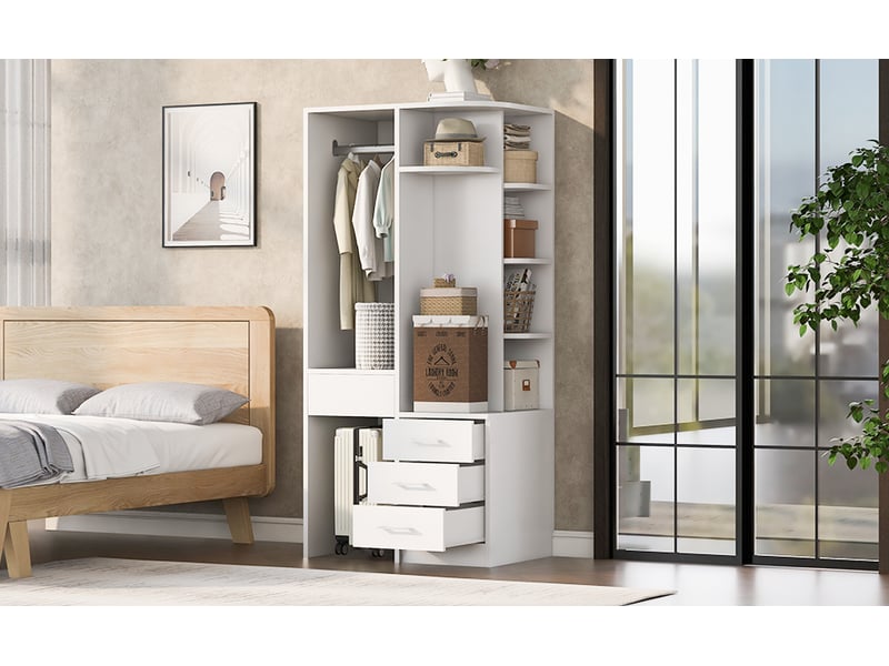  Armoire dressing 70 x 55 x 175 cm avec penderie ouverte, étagères et 3 tiroirs, blanche  - Conforama D