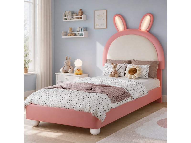  Lit enfant 90x200 cm avec led et bord antichoc en pu rose et blanc  - Conforama D
