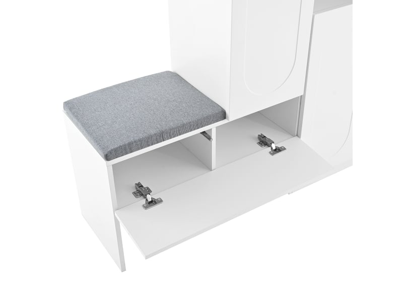  Meuble à chaussures 130x35x110 cm avec banquette rembourrée, abattant Soft-Close et étagères réglables - Blanc Fay Lum - Conforama E