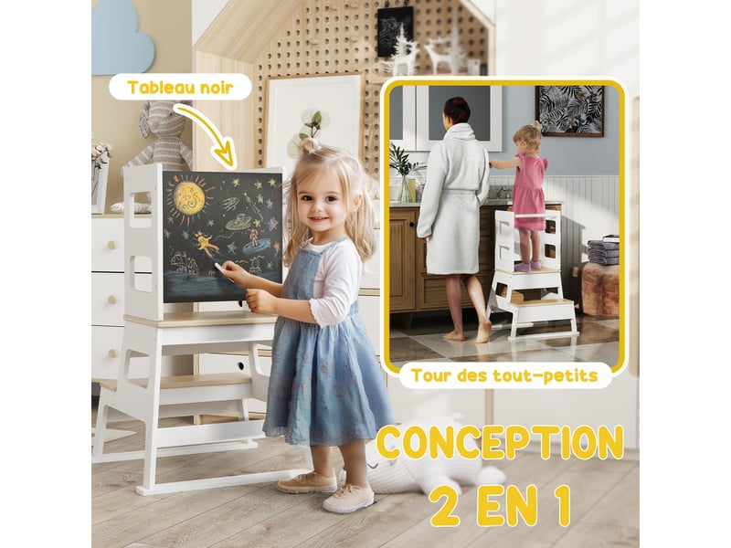  Tour d'observation enfant tour d'apprentissage structure trapézoïdale tableau noir blanc 55 x 52,5 x 87,5 cm  - Conforama E