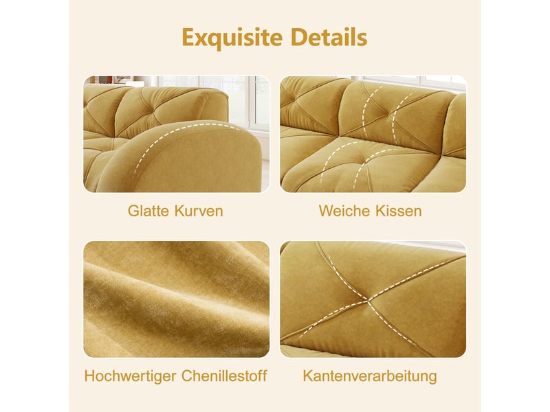 Canapé modulable 3 places en u avec rangement intégré et 2 poufs, revêtement chenille jaune, design sans dossier  - Conforama D