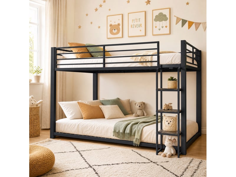  Lit superposé 140x200 cm avec escalier en bois, garde-corps de sécurité et sommier à lattes, métal, noir, sans matelas  - Conforama E