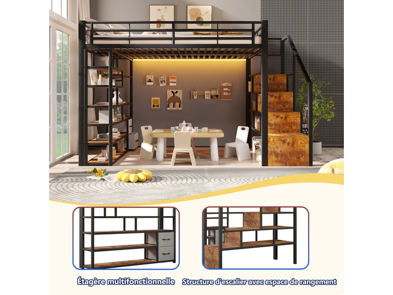 Lit mezzanine enfant 140x200 cm, escalier avec rangement, 2 tiroirs en tissu, étagères, led, espace ouvert, métal noir Radiant Stride - Conforama E