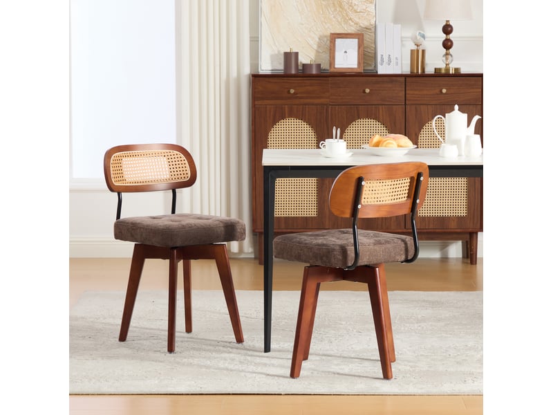  Lot de 2 chaises de salle à manger pivotantes 360° en tissu marron, dossier en paille, style vintage  - Conforama E
