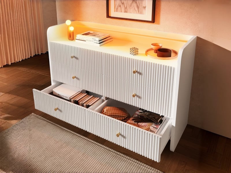  Commode à 6 tiroirs avec éclairage led, design à rainures ondulées, pour salon et chambre, 120 x 40 x 75 cm, blanc  - Conforama B