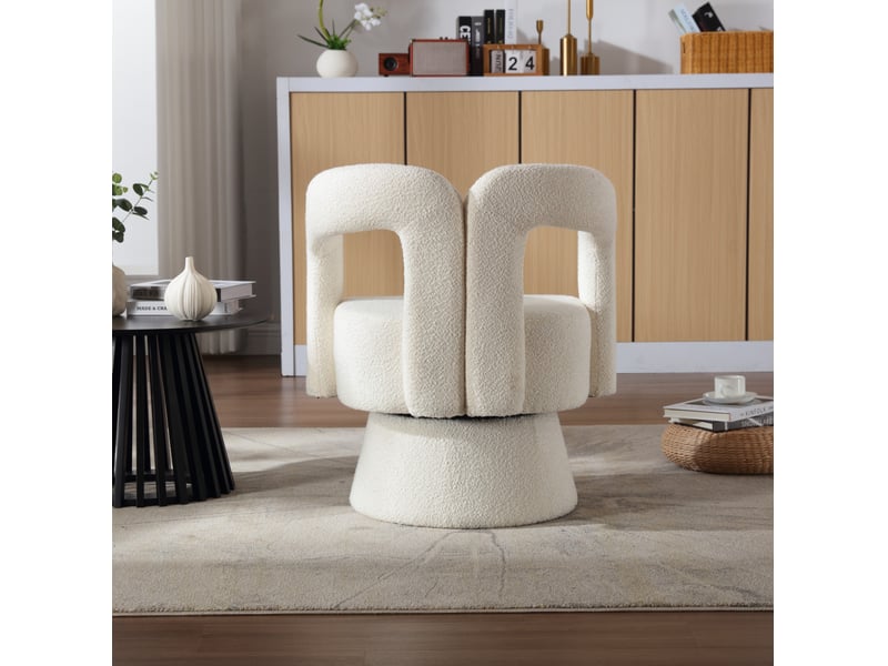 Fauteuil 67x55x74 cm, tournant à 360°, accoudoirs arrondis épais, coussin confortable, tissu en boucle, couleur beige - Conforama D