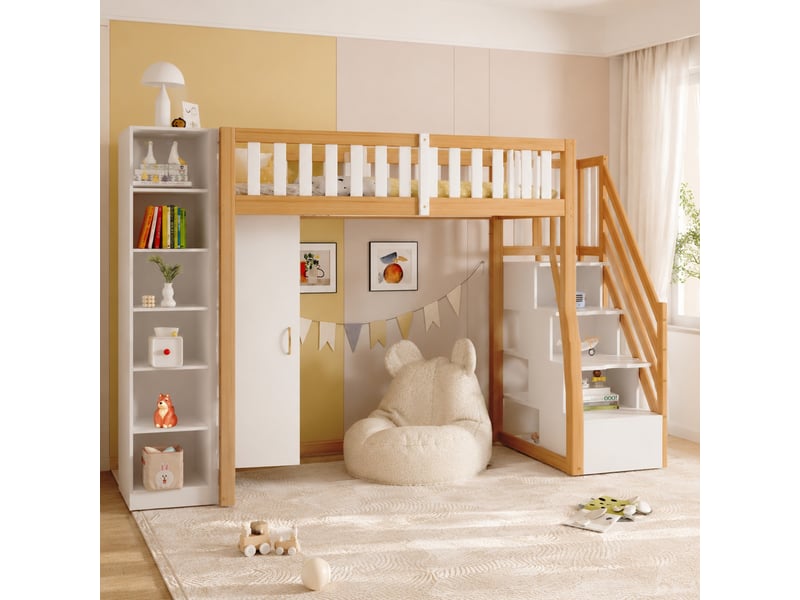Lit mezzanine enfant 200×90 cm avec armoire, étagères et escalier à tiroirs, en bois blanc et naturel - Conforama B