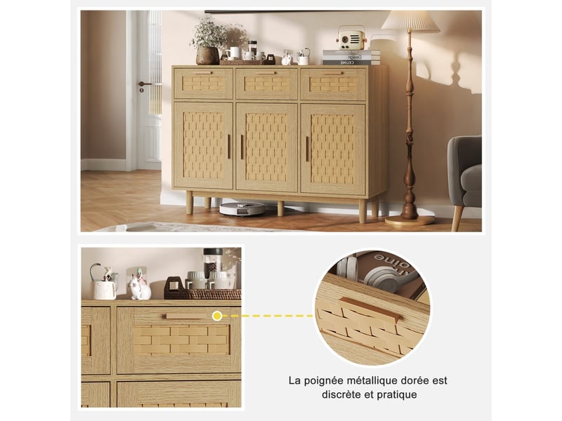  Buffet bahut - 3 tiroirs 3 portes - 107.9 x 40 x 80 cm - rotin tressé - style scandinave - rangement salon cuisine - en chêne  - Conforama D