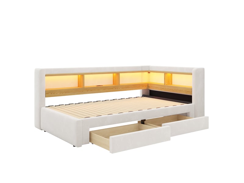 Lit gigogne 90x200 cm beige en velours, tiroirs led et prise, couchage double extensible 180x200 cm - Conforama D