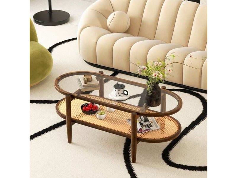 Rangement spacieux table basse 2 niveaux plateau verre trempé et étagère rotin pe cadre acacia 102x56x47 cm pour salon  - Conforama B