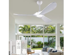 Ventilateur de plafond 52 pouces blanc avec led, télécommande, 3 pales en bois, réversible, 6 vitesses