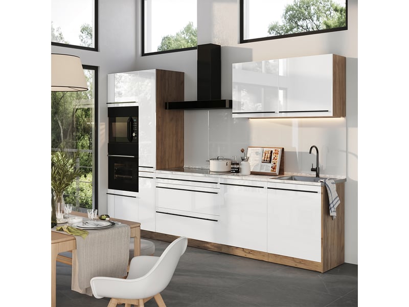  Vicco cuisine, blanc haute brillancechêne doré, 310cm sans plan de travail  - Conforama C