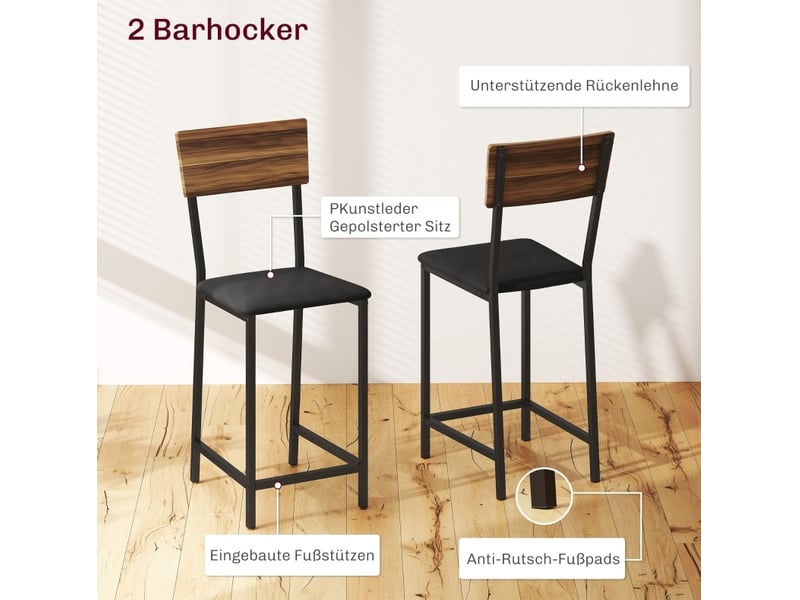  Lot de 3 table haute extensible marron avec 2 tabourets, rangement à vin et style industriel pour cuisine  - Conforama D