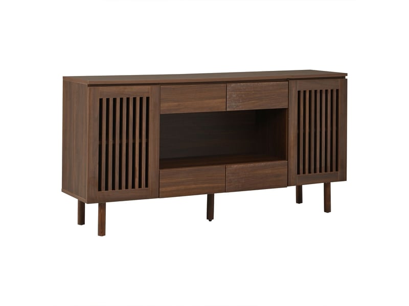  Buffet 140 x 35 x 71 cm 4 tiroirs bahut 2 portes à lamelles 5 pieds en bois massif structure en mdf coloris noyer charge maximale de 70 kg rangement intégré  - Conforama A