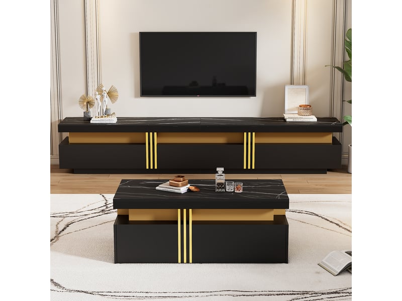  Ensemble meuble tv et table basse noir moderne 200 cm pour écran 90 pouces effet marbre  - Conforama C