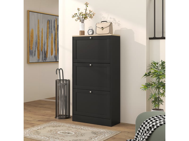  Meuble à chaussures moderne avec 3 tiroirs abattants et étagères réglables pour 18 paires de chaussures 60x23,5x115 cm noir  - Conforama D
