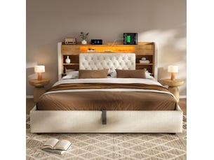 Lit coffre adulte 140x200 cm avec led, usbtype-c, tête de lit avec étagère et rangement, lin et métal, beige et bois