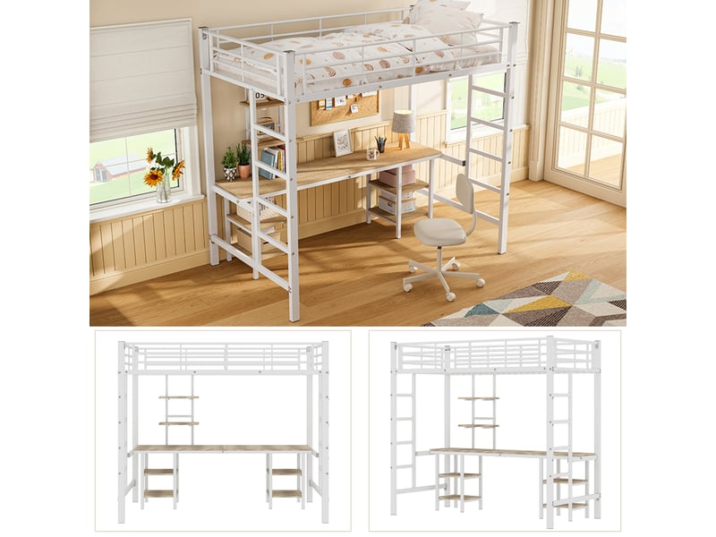 Lit mezzanine enfant 90 x 200 cm avec bureau intégré et étagères - structure métal, échelle latérale et barrières anti-chute en747, blanc IKSETERA TRADING LTD - Conforama B