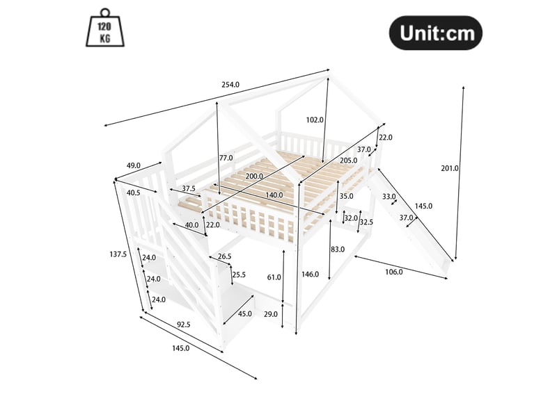 Lit superposé enfant 140x200 cm avec escalier, toboggan et rangement, blanc - Conforama C