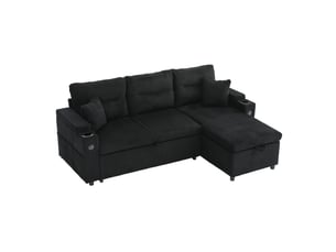 Canapé d'angle droit convertible <strong>MODFU</strong> <strong></strong> 3 places Velours côtelé noir avec coffre de rangement