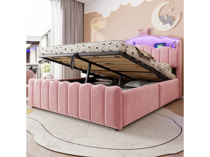  Lit coffre 140x200 cm - lit enfant 140x200 - lit double en velours avec led rgb, prises usbtype-c &amp; tête rabattable - rose  - Conforama D